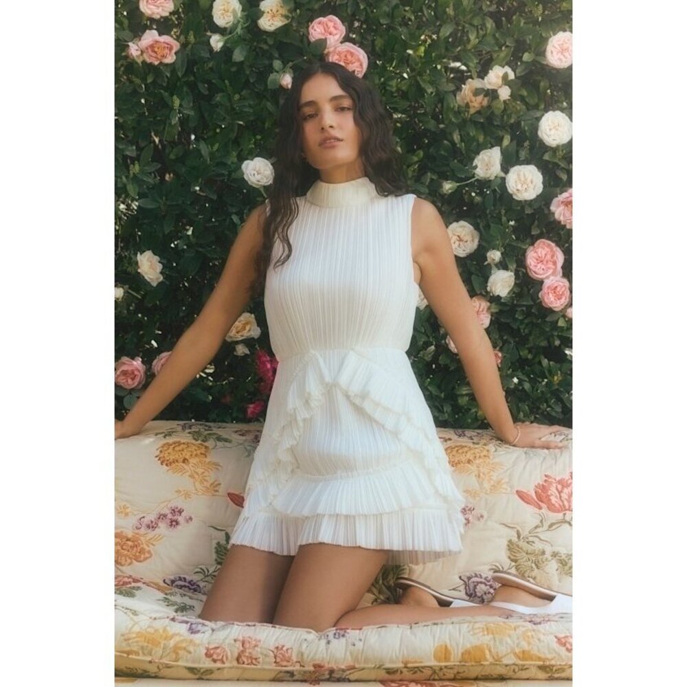 Lulus Alvana White Plisse Mock Neck Ruffled Mini Dress - Size S